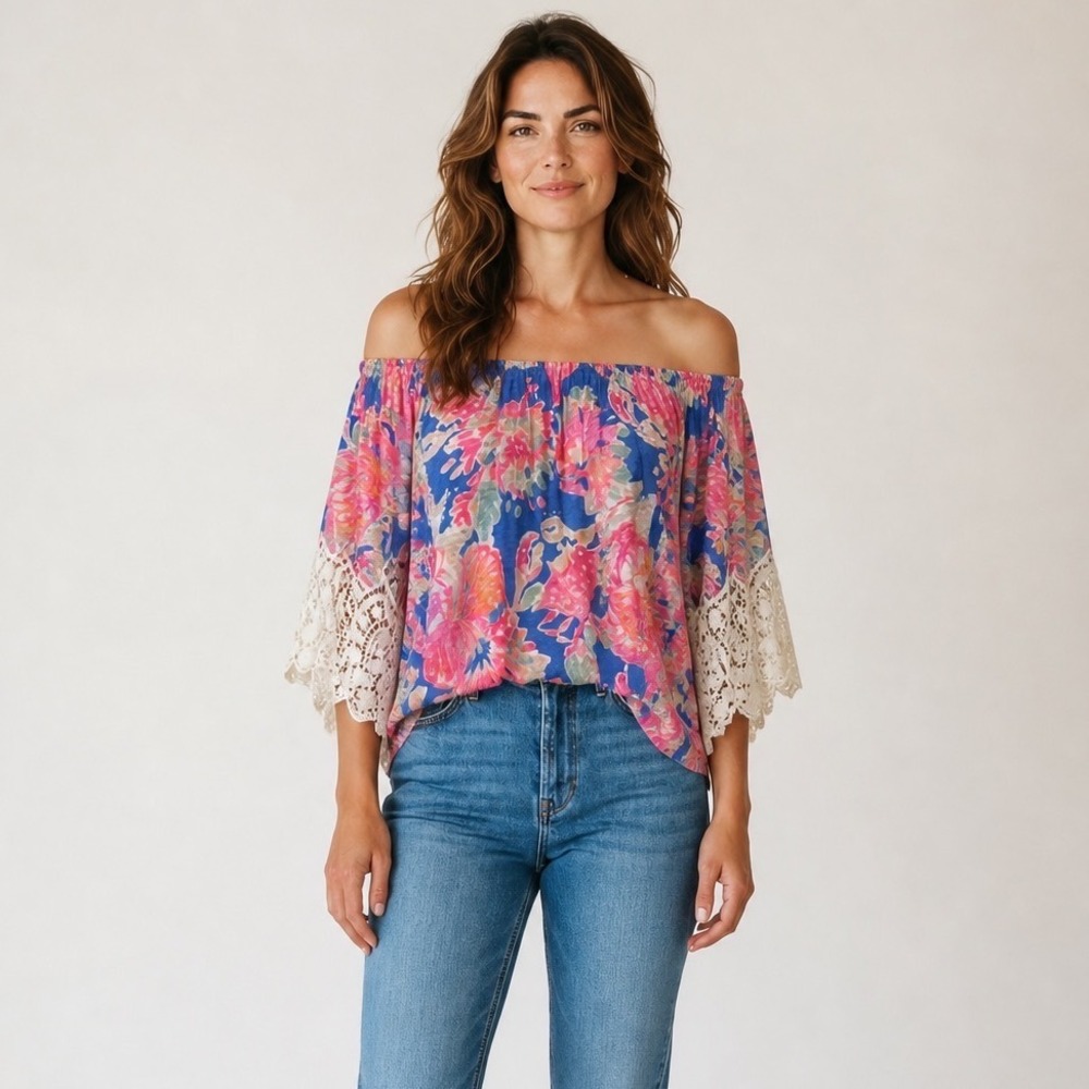 Lilly Pulitzer Off The Shoulder Floral Top Pink Blue Crochet Lace Bell Sleeve S